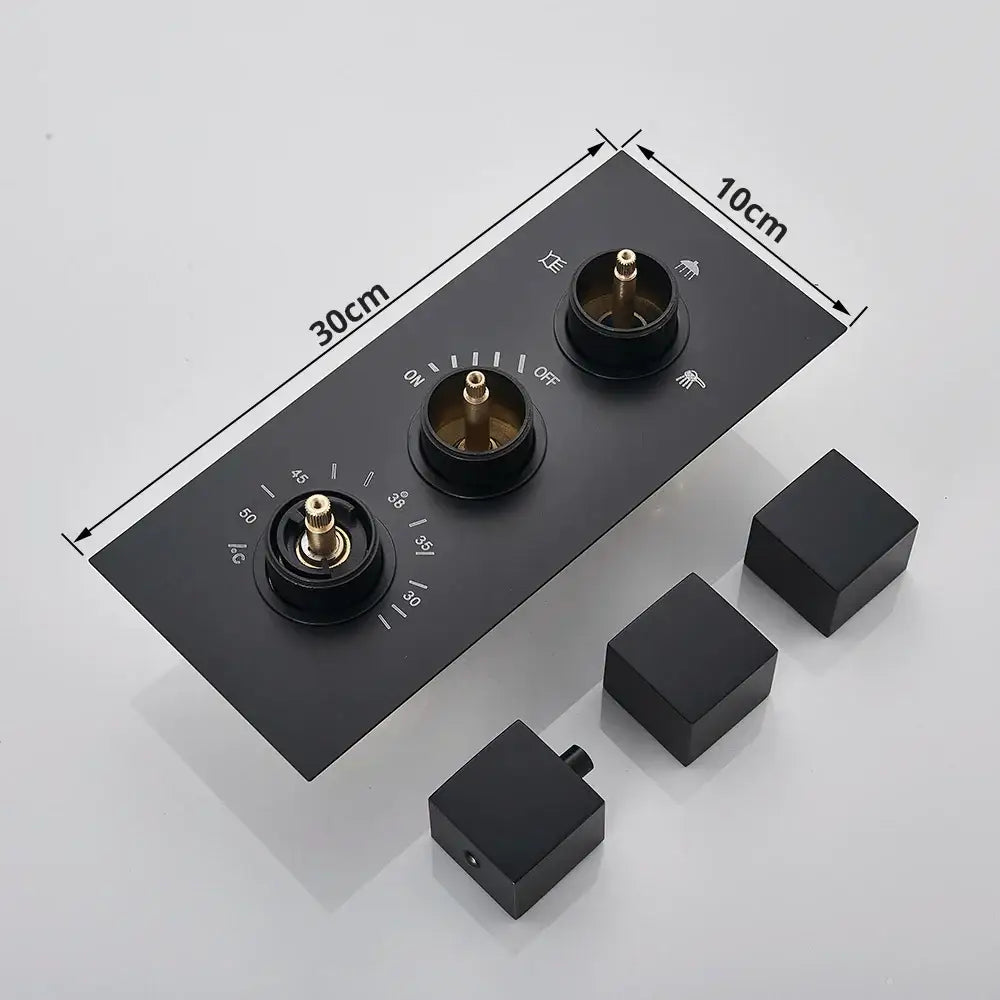 Modern black decorbites thermostatic rainfall shower faucet with wall-mounted dual-handle control panel and gold knobs