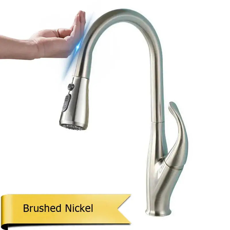 Brushed nickel kitchen faucet with sleek curved spout and pull-down spray head in decorbites black touch sensor design