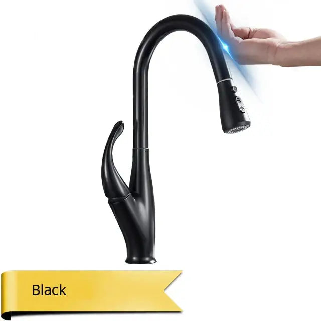 Modern black touch sensor kitchen faucet with black matte finish curved spout and pull-down spray head decorbites black touch
