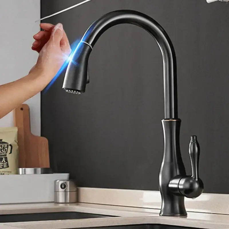 Modern black touch sensor kitchen faucet with black matte finish curved spout and pull-down spray head decorbites black touch
