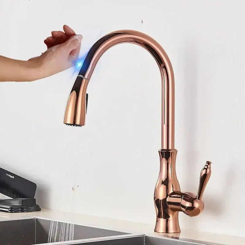 Modern black touch sensor kitchen faucet with rose gold finish curved spout and pull-down spray head decorbites black touch
