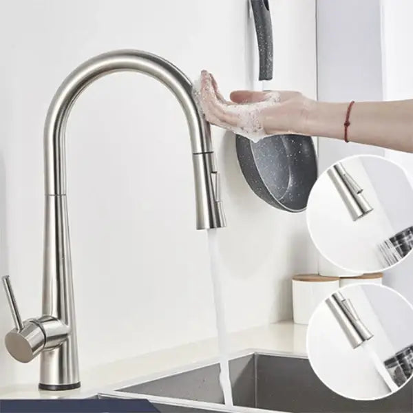 Modern stainless steel kitchen faucet with sleek curved spout and pull-down spray head for decorbites black touch sensor use
