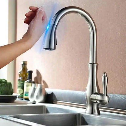 Stainless steel kitchen faucet with sleek curved spout and single lever handle for decorbites black touch sensor use