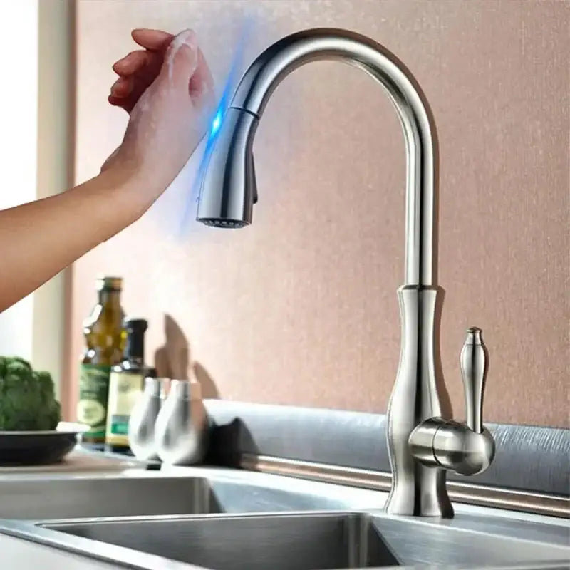 Stainless steel kitchen faucet with sleek curved spout and single lever handle for decorbites black touch sensor use