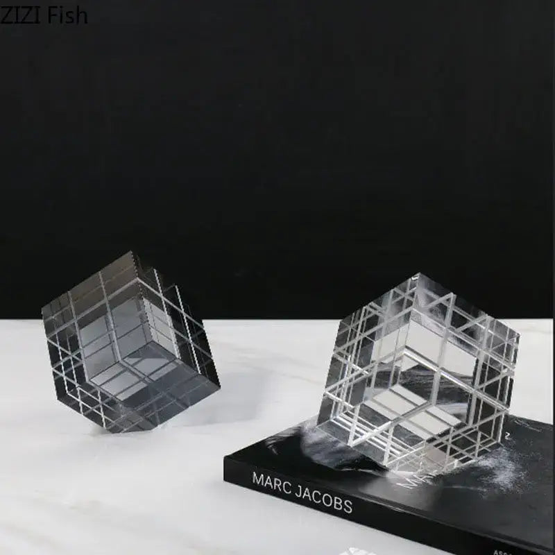 Modern black and transparent crystal magic cube desk ornament featuring clear crystal cube sculptures with geometric grid design