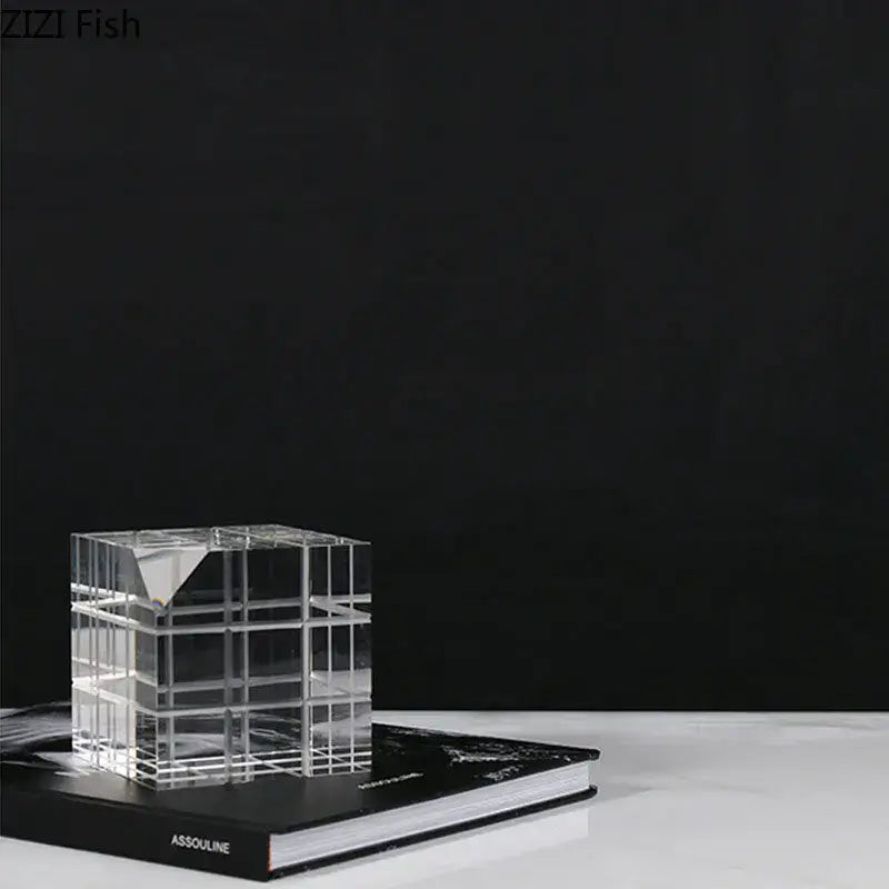 Modern black and transparent clear acrylic crystal magic cube desk ornament with geometric grid pattern and angled corner