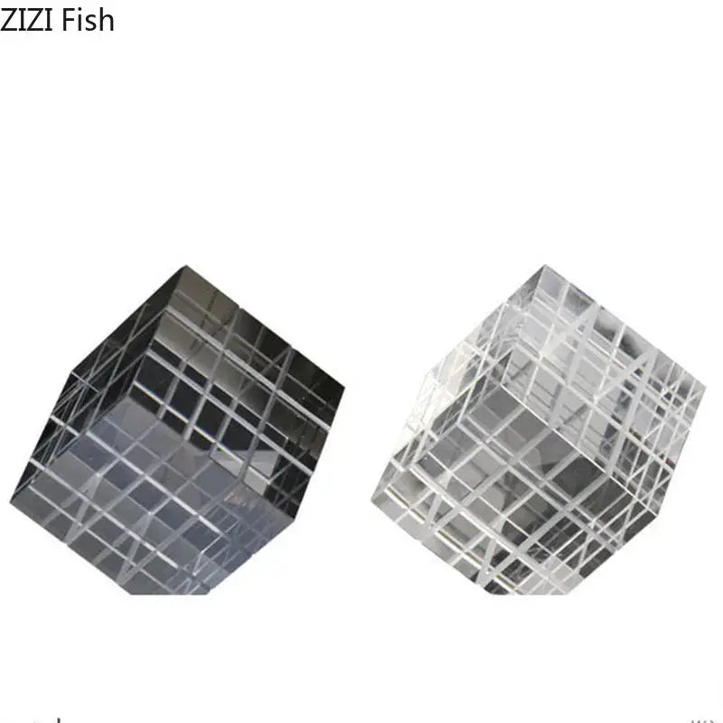 Two transparent grid-patterned crystal magic cube glass fish desk ornaments for modern black and transparent decorbites decor