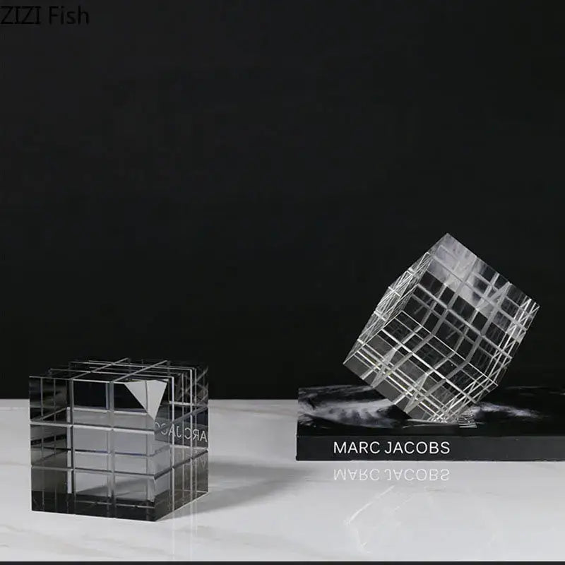 Clear acrylic cube-shaped desk ornament with grid pattern and engraved marc jacobs branding decorbites crystal magic cube