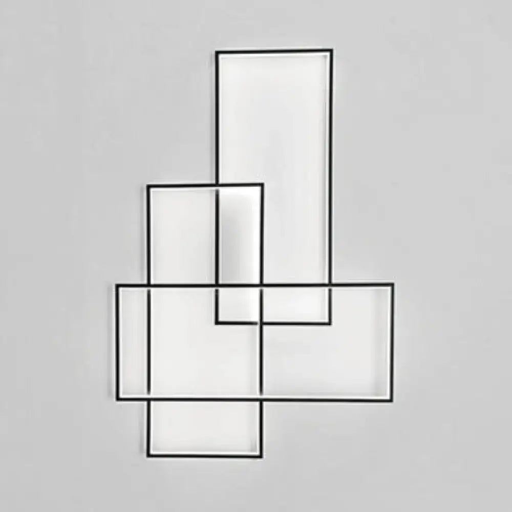 Modern black traverse wall light with warm white sconce paired with geometric black-framed rectangular mirror set