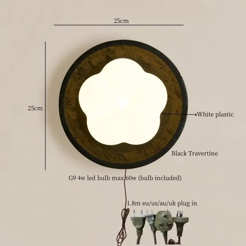 Modern black travertine flower led wall light with circular black travertine ring and illuminated flower center for bedroom decorbites