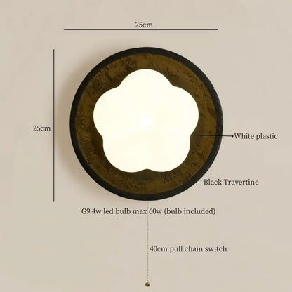 Modern black travertine wall lights featuring a circular flower-shaped white diffuser for bedroom decorbites black travertine