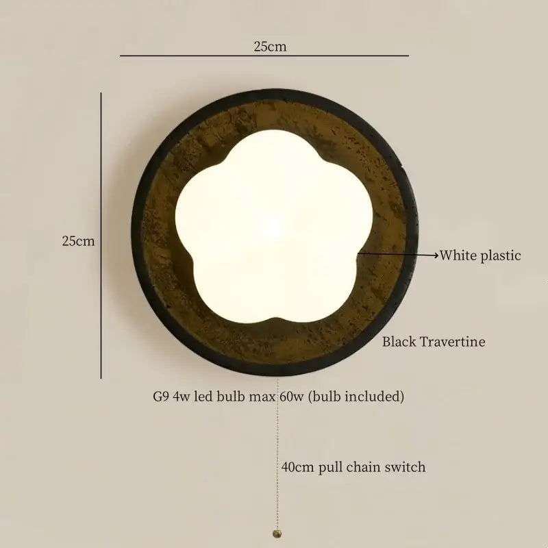 Modern black travertine wall lights featuring a circular flower-shaped white diffuser for bedroom decorbites black travertine