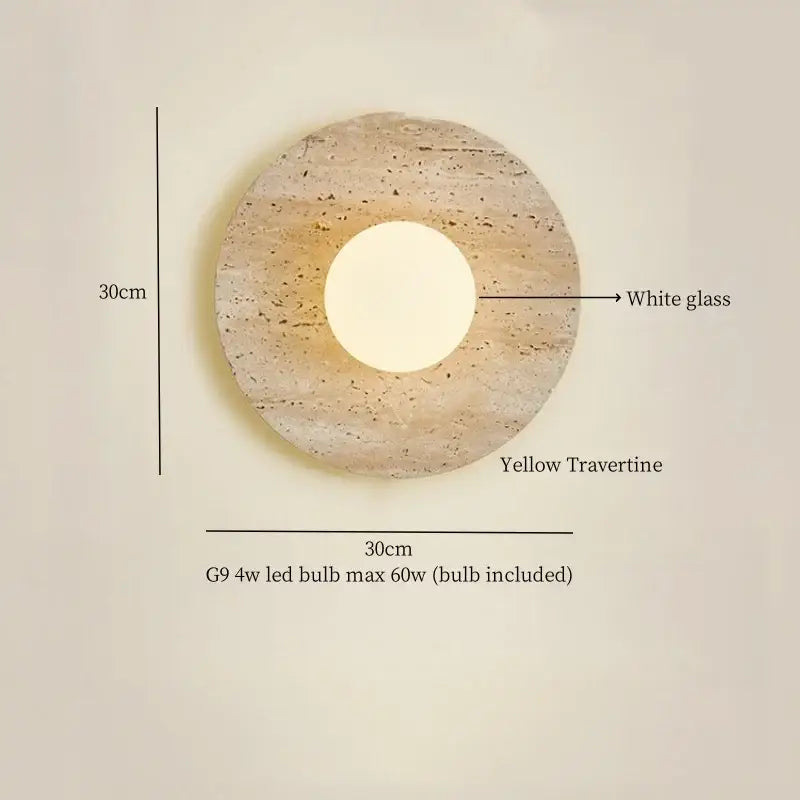 Circular wall sconce in yellow travertine with white glass panel for modern decorbites black travertine wall lights
