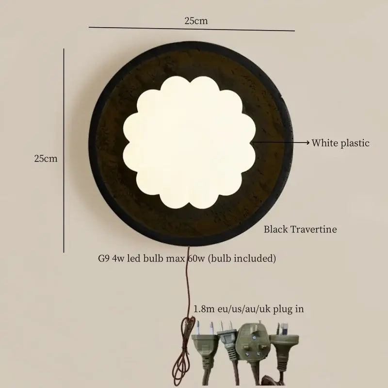 Modern black travertine flower wall lights with scalloped white center and g9 4w led bulb for bedroom decorbites black travertine