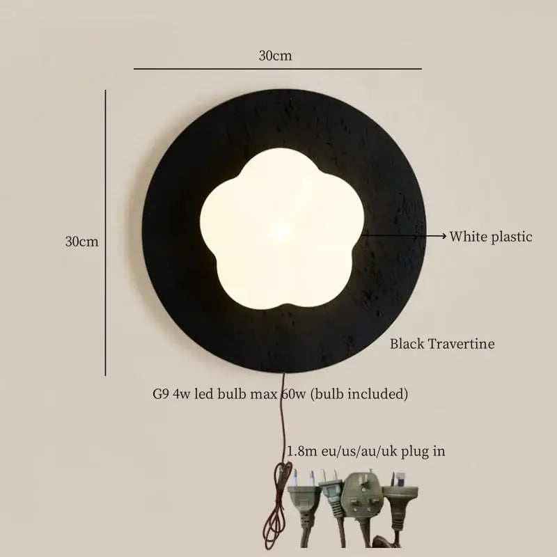 Modern black travertine circular wall lights with a white plastic flower-shaped led fixture for bedroom decorbites black travertine