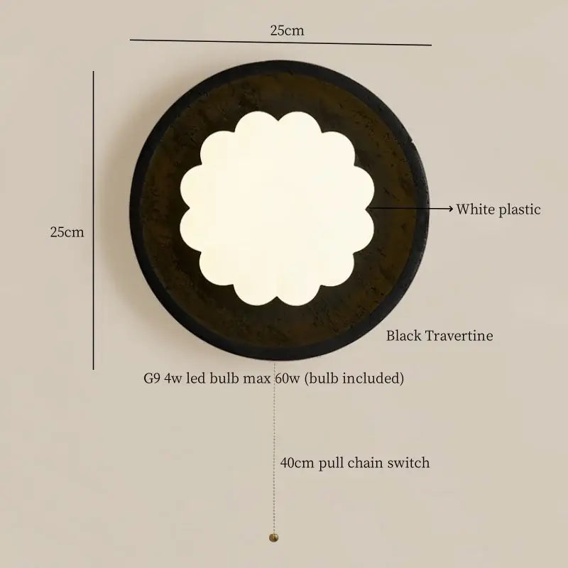 Modern black travertine wall lights featuring a circular design with a white scalloped led diffuser by decorbites black travertine