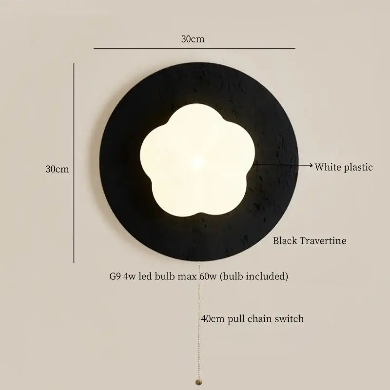 Modern black travertine circular wall lights with a white plastic flower-shaped LED fixture for bedroom decorbites black travertine