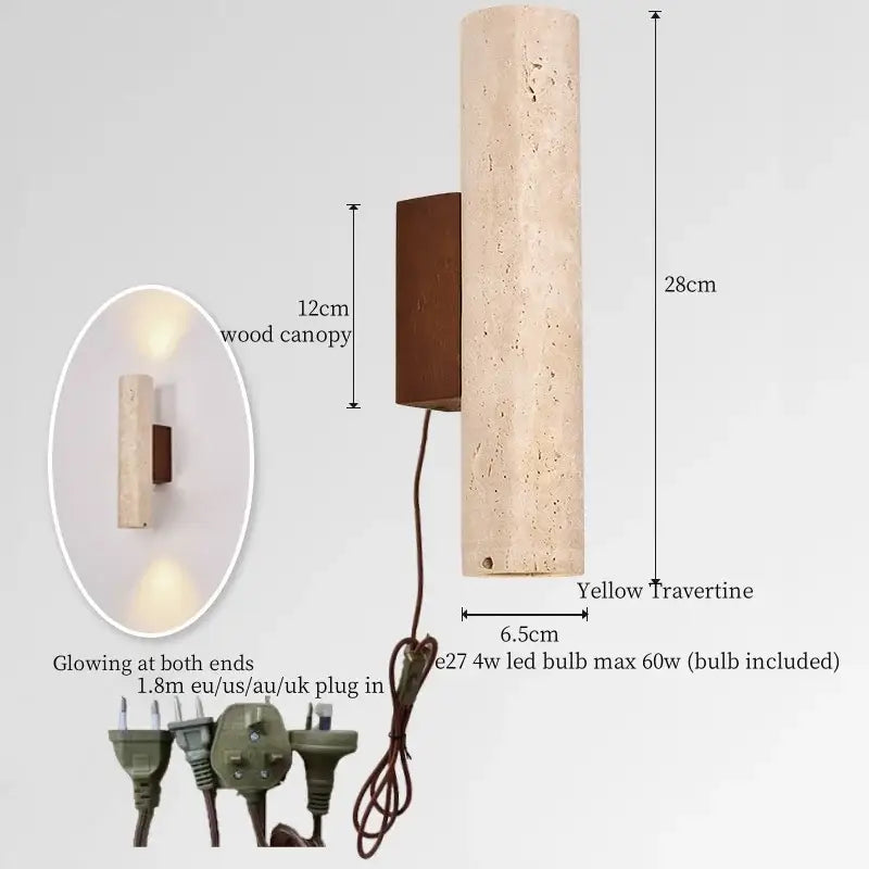 Yellow travertine cylindrical wall lights with dark wood canopy for bedroom decorbites black travertine collection