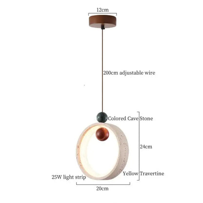 Modern black travertine led pendant light with circular yellow travertine frame and cave stone accents for dining room decorbites black travertine