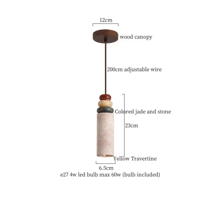 Modern black travertine led pendant light for dining room with cylindrical yellow travertine shade and jade bead accents