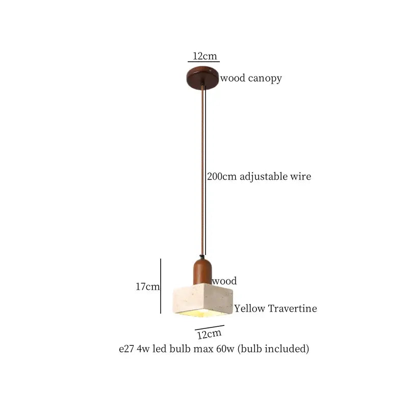 Modern black travertine led pendant light with warm wood canopy, adjustable bronze wire, and yellow travertine shade for dining room decorbites black travertine