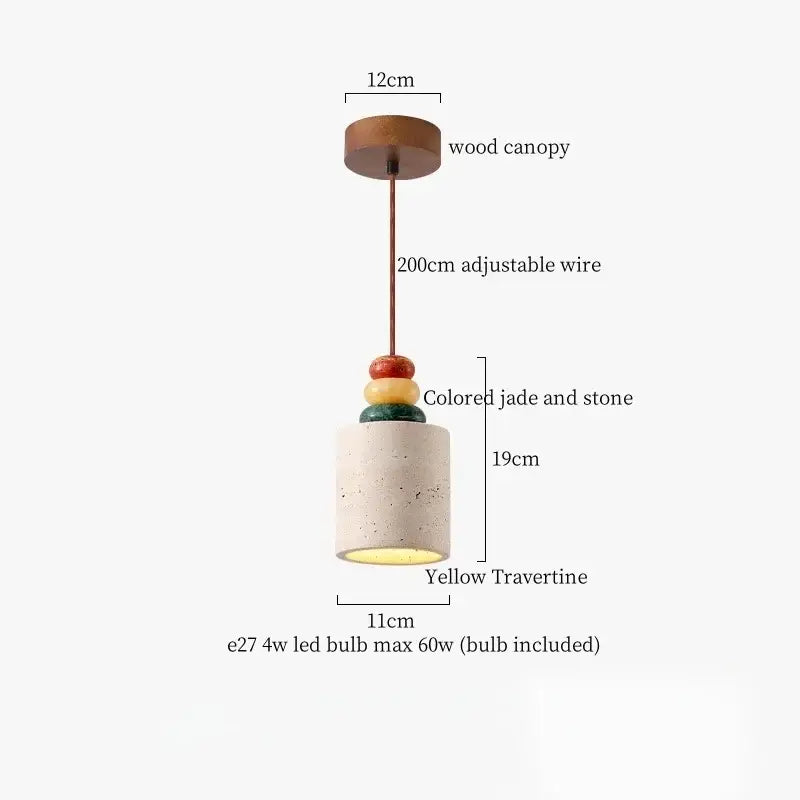 Modern black travertine led pendant light with wooden canopy colorful jade accents and textured yellow travertine shade for dining room decorbites black travertine