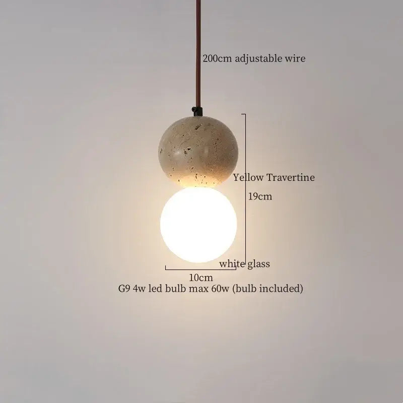 Modern black travertine led pendant light featuring a yellow travertine sphere with white glass globe for dining room decorbites black travertine