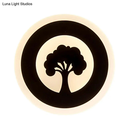 Black circular wall sconce with stylized tree pattern on cream background modern led flush wall bedroom light