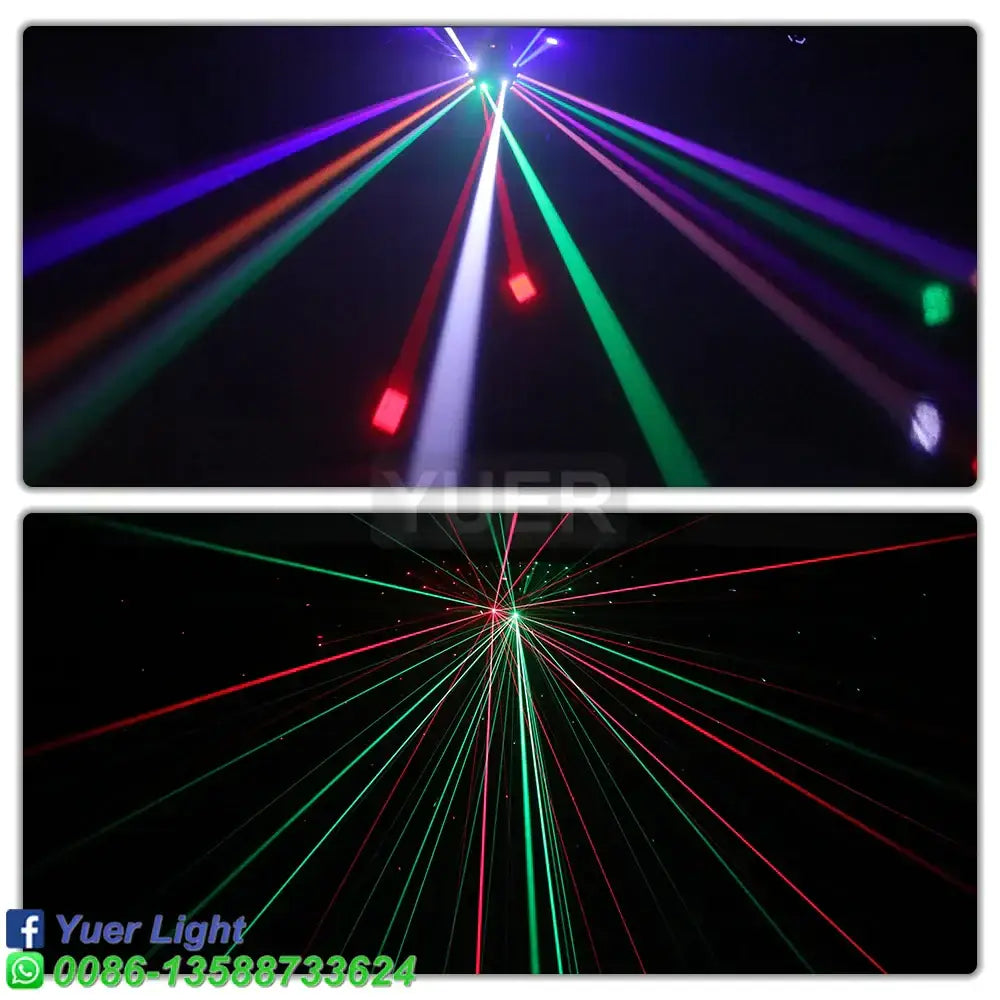 Vibrant multicolored laser beams from a modern black triple cube decorbites dual led strobe stage light against dark background