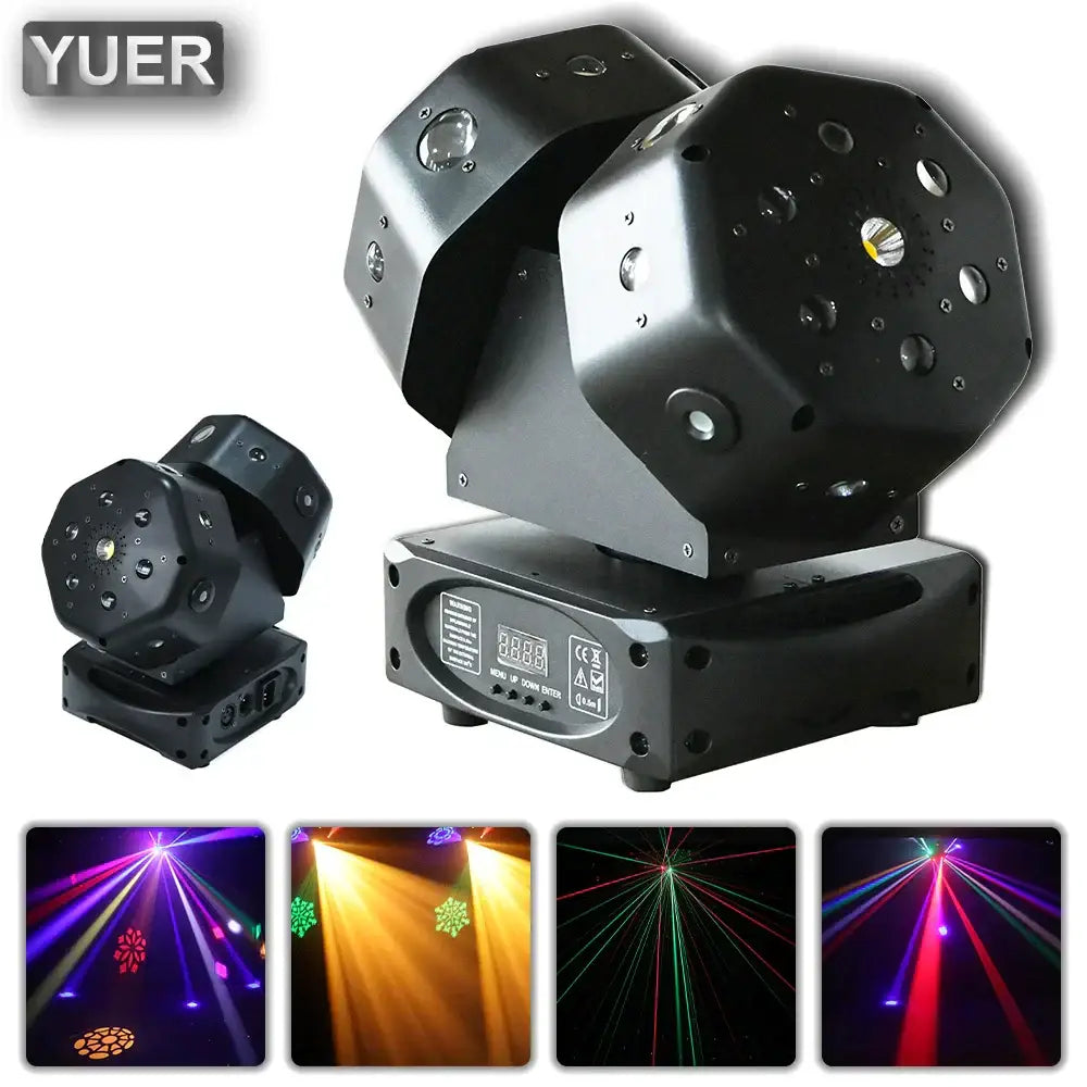 Black yuer brand led moving head stage light with multiple lens ports and digital display panel for decorbites dual led strobe