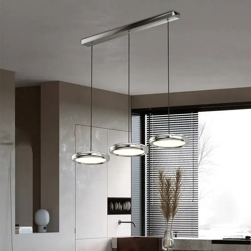 Modern black triple ring iron pendant chandelier with chrome finished circular shades for kitchen lighting decorbites iron pendant