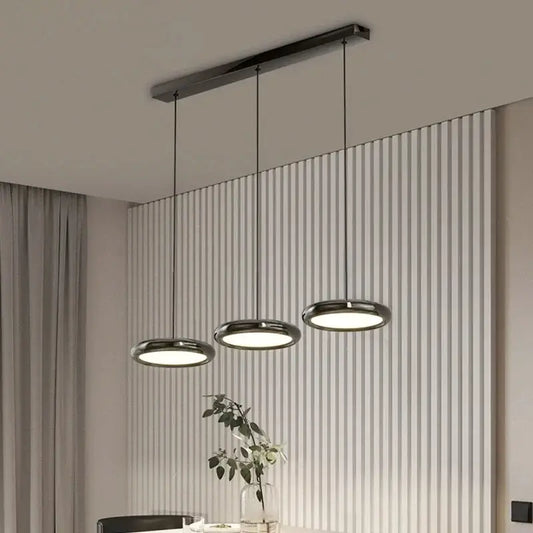 Modern black triple ring iron pendant chandelier with three illuminated circular shades for kitchen lighting decorbites iron pendant