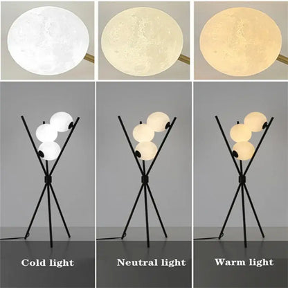 Modern black tripod moon floor lamp with three white bulbs emitting cold neutral or warm light for living room decorbites moon floor lamp