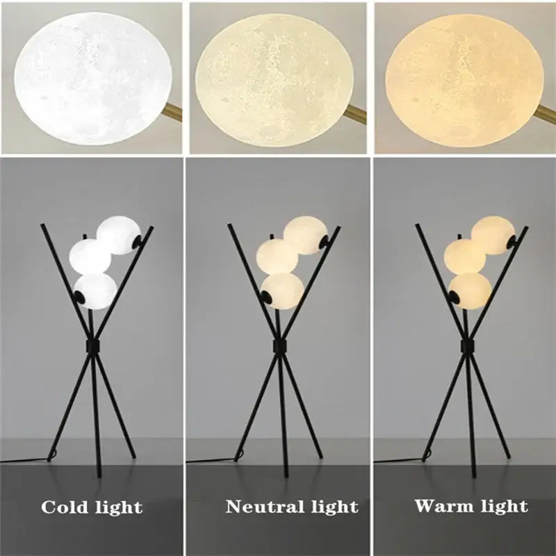Modern black tripod moon floor lamp with three white bulbs emitting cold neutral or warm light for living room decorbites moon floor lamp