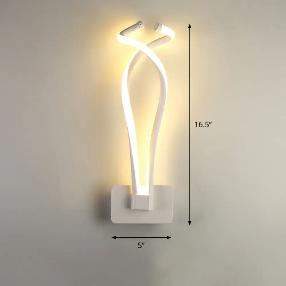 White LED wall sconce with a sleek twisted spiral design and warm glow for modern bedroom lighting
