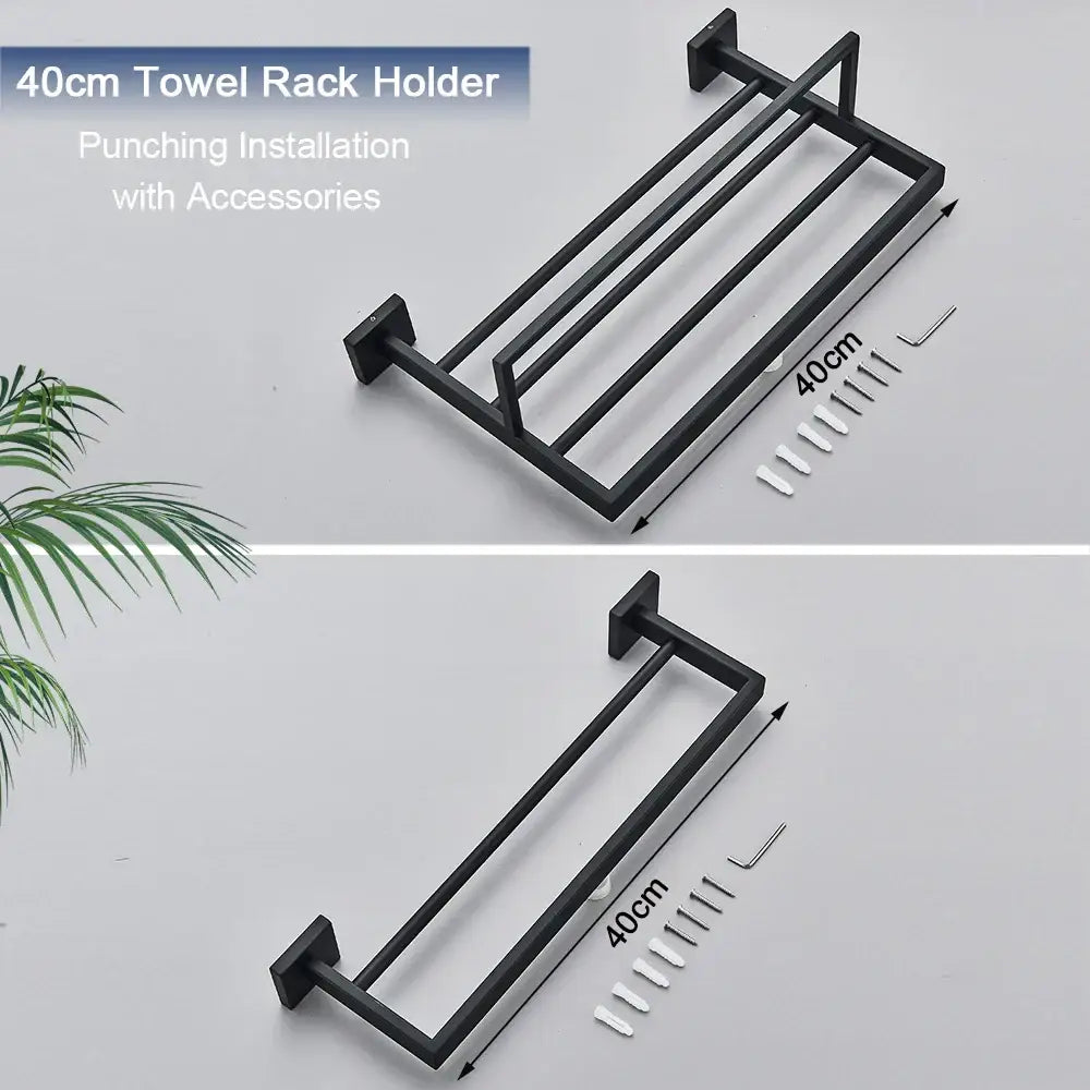 Modern black two tier towel rack with matte metal finish and mounting hardware for bathroom decorbites black towel rack