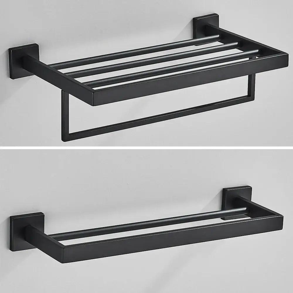 Modern black two tier towel rack with black matte finish metal featuring multiple horizontal bars and single bar models