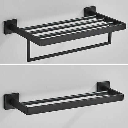 Modern black two tier towel rack with black matte finish metal featuring multiple horizontal bars and single bar models