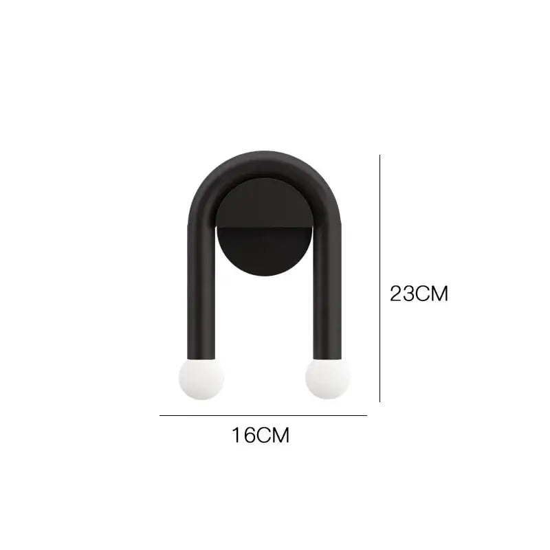 Modern black u-shape led wall lamp with white spherical bulbs, measuring 23cm height and 16cm width for bedroom use