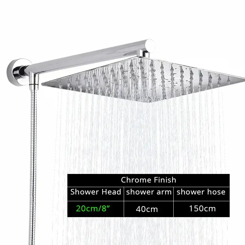 Modern black ultrathin rainfall shower head set with chrome-finished square shower head and integrated flexible hose