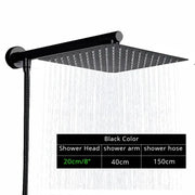 Modern black ultrathin rainfall shower head set with flexible hose and sleek design for bathroom use