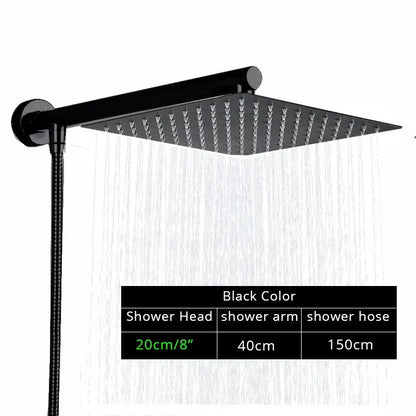 Modern black ultrathin rainfall shower head set with flexible hose and sleek design for bathroom use
