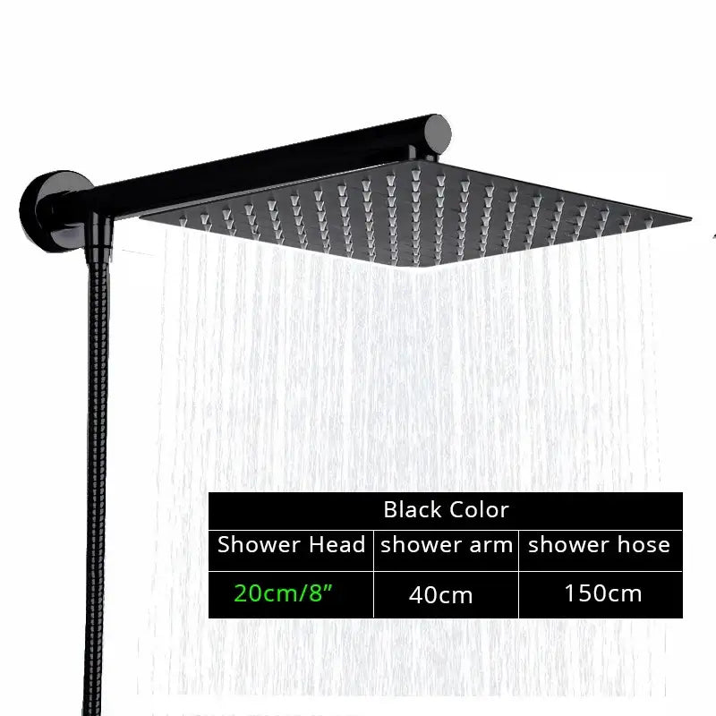 Modern black ultrathin rainfall shower head set with flexible hose and sleek design for bathroom use