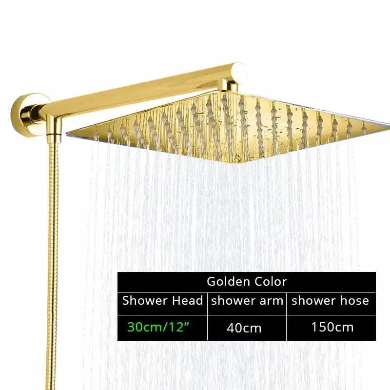 Modern black ultrathin rainfall shower head set with brass finished golden square shower head and matching arm for bathroom use