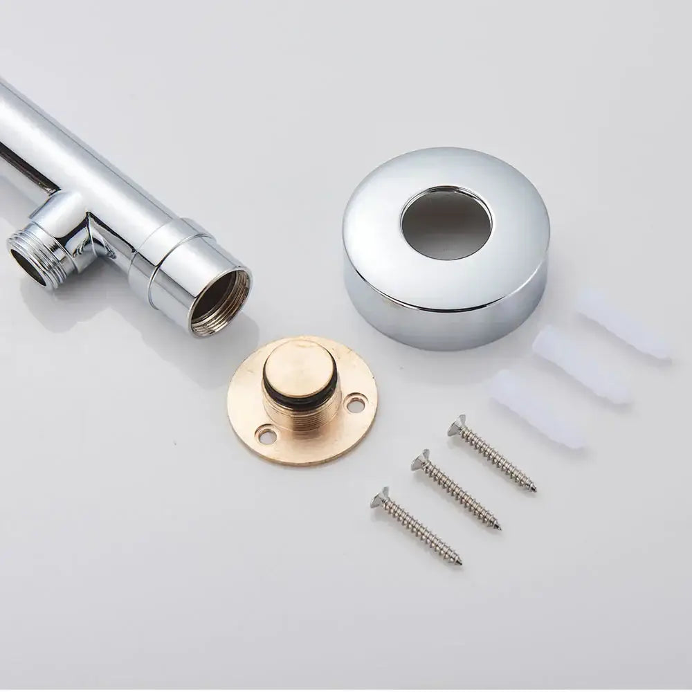 Chrome-finished shower hose connector with brass base plate and mounting hardware for modern black ultrathin rainfall shower head set