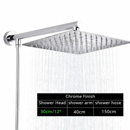 Chrome-finished square rainfall shower head with sleek modern design and integrated flexible hose for bathroom use