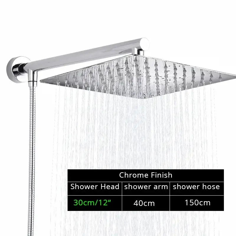 Chrome-finished square rainfall shower head with sleek modern design and integrated flexible hose for bathroom use