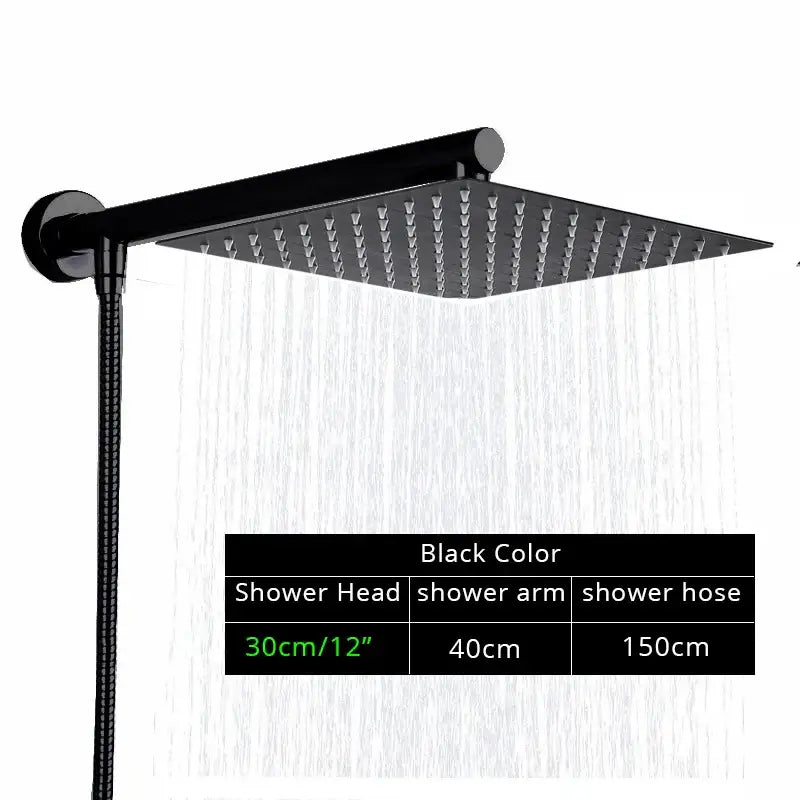 Modern black ultrathin rainfall shower head with multiple water jets for a sleek and efficient rainfall shower experience