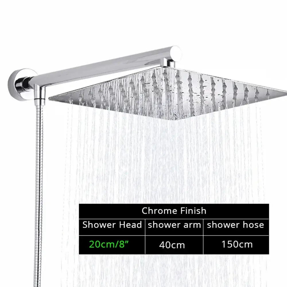 Chrome finished square rainfall shower head with sleek modern design and integrated flexible hose for bathroom use