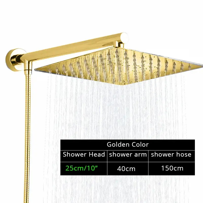 Modern black ultrathin golden square rainfall shower head with multiple water jets for bathroom use